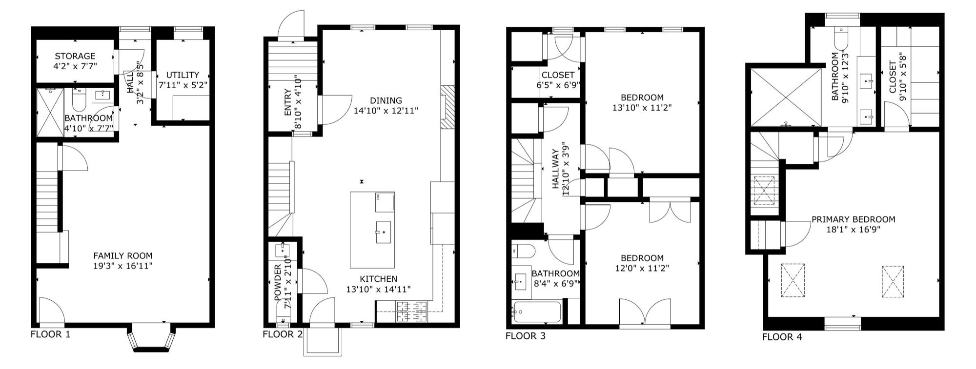 Floor plans for all four levels, lower level at left through to the top floor at right